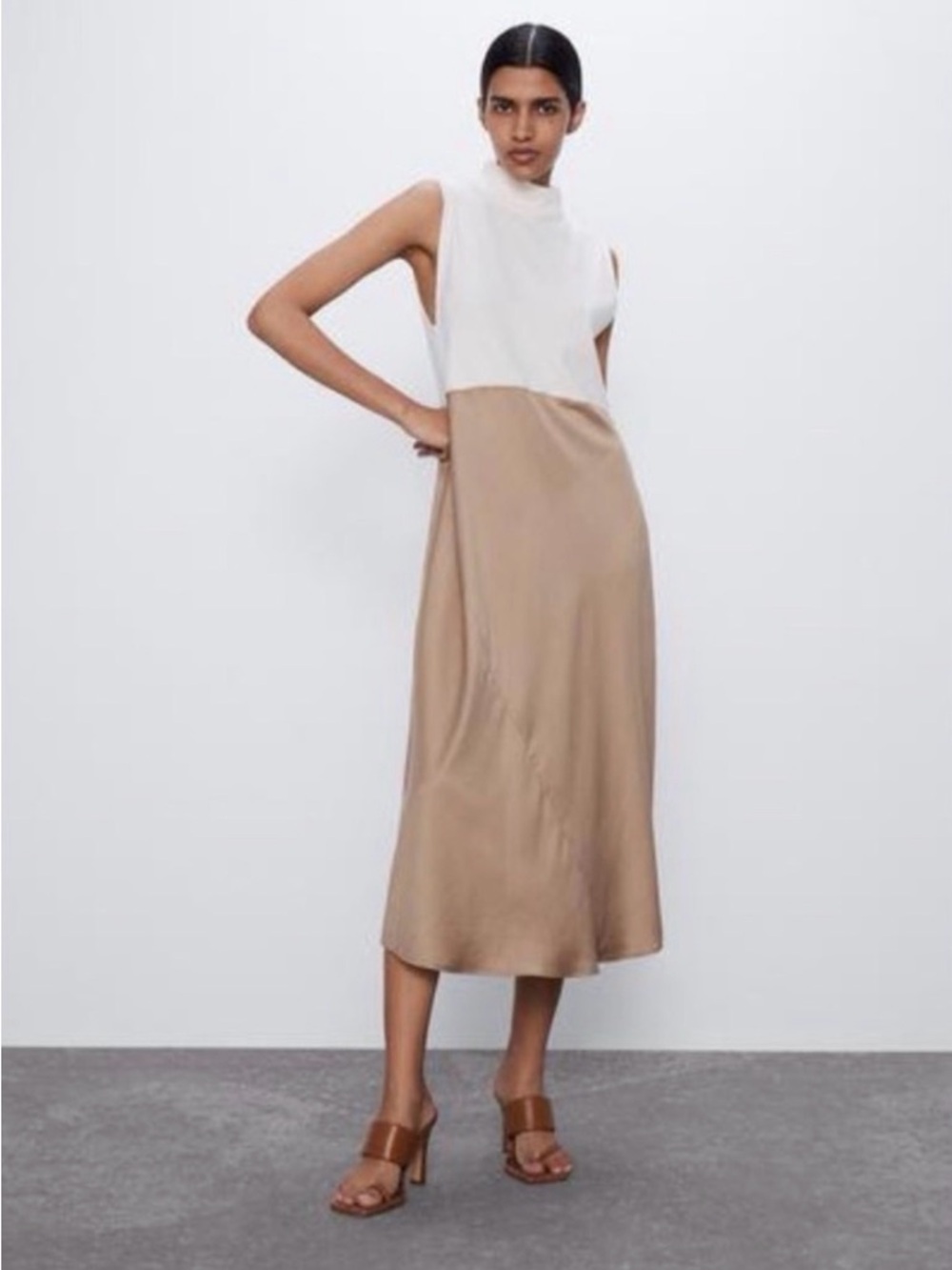 Zara Two-Tone Midi Dress — Cream Top & Tan Skirt